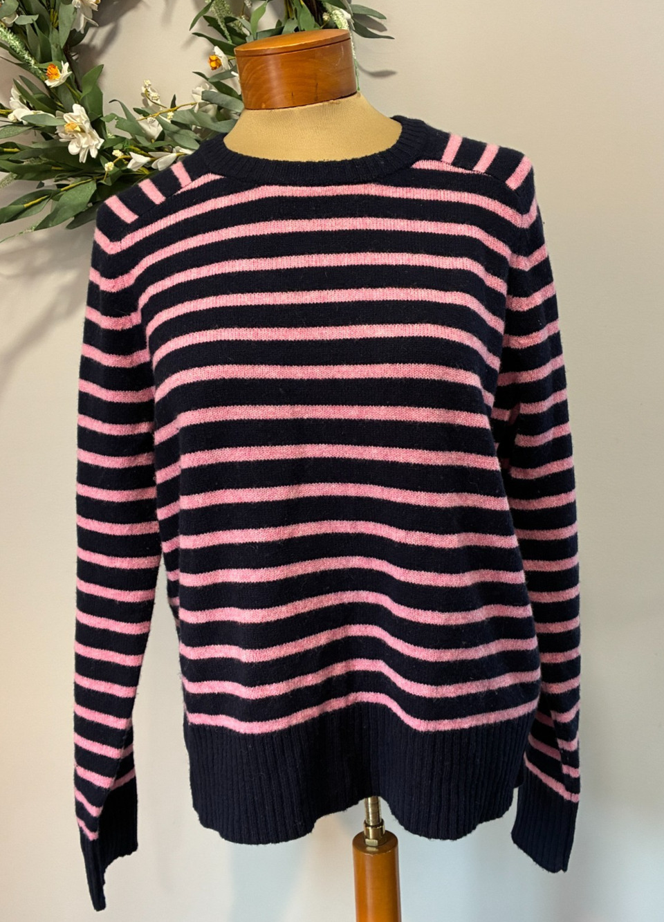 J. Crew Holly Sweater 100% Wool Pink Navy Striped Women's Crewneck, Size XL